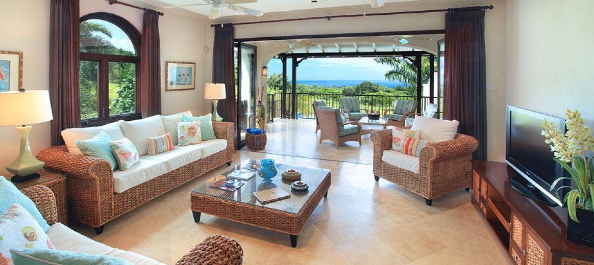 woonkamer, Luxe vakantiehuis bij een golfbaan,privé zwembad, apes hill club, Barbados, voor 6 personen, luxe golfvilla 