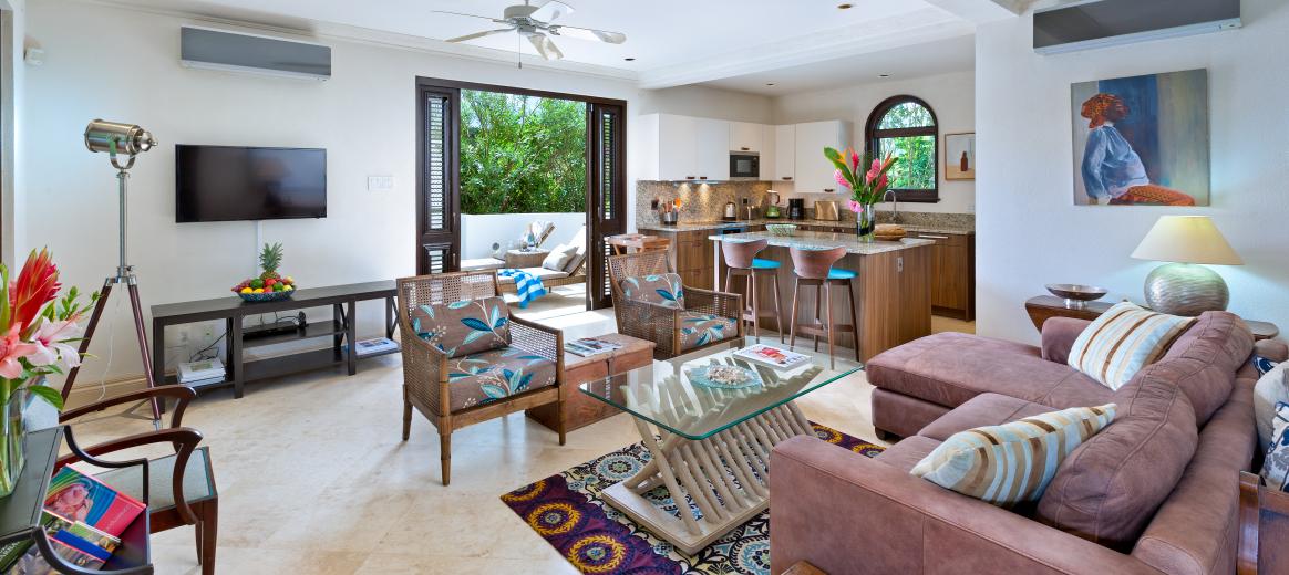 woonkamer, Luxe vakantiehuis bij een golfbaan,privé zwembad, apes hill club, Barbados, voor 6 personen, luxe golfvilla 